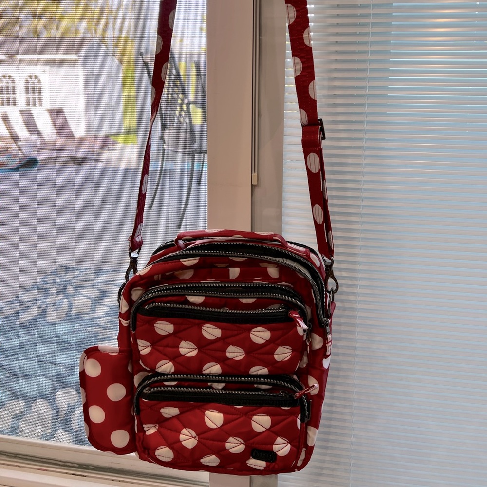 lug compass crossbody bag in crimson dot
